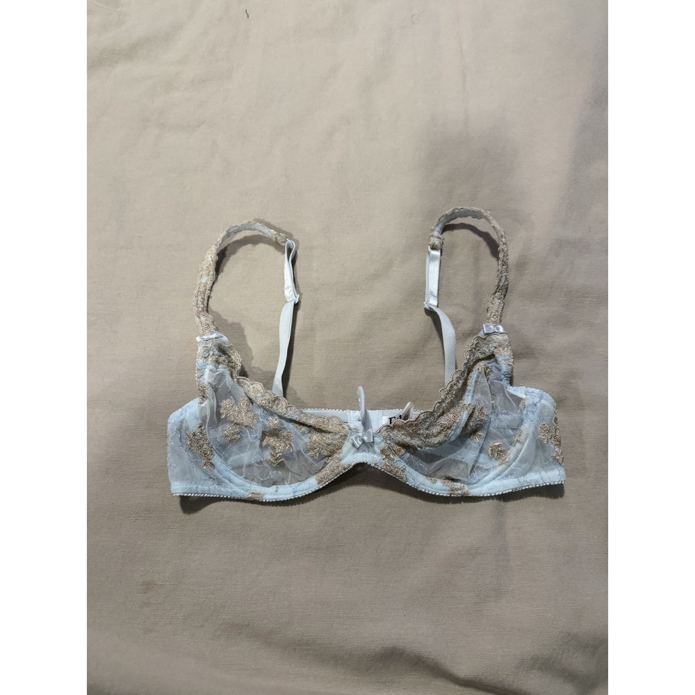 Felina Lingerie Baby Blue Gold Bra 36B Coquette Underwire Lace Feminine Floral